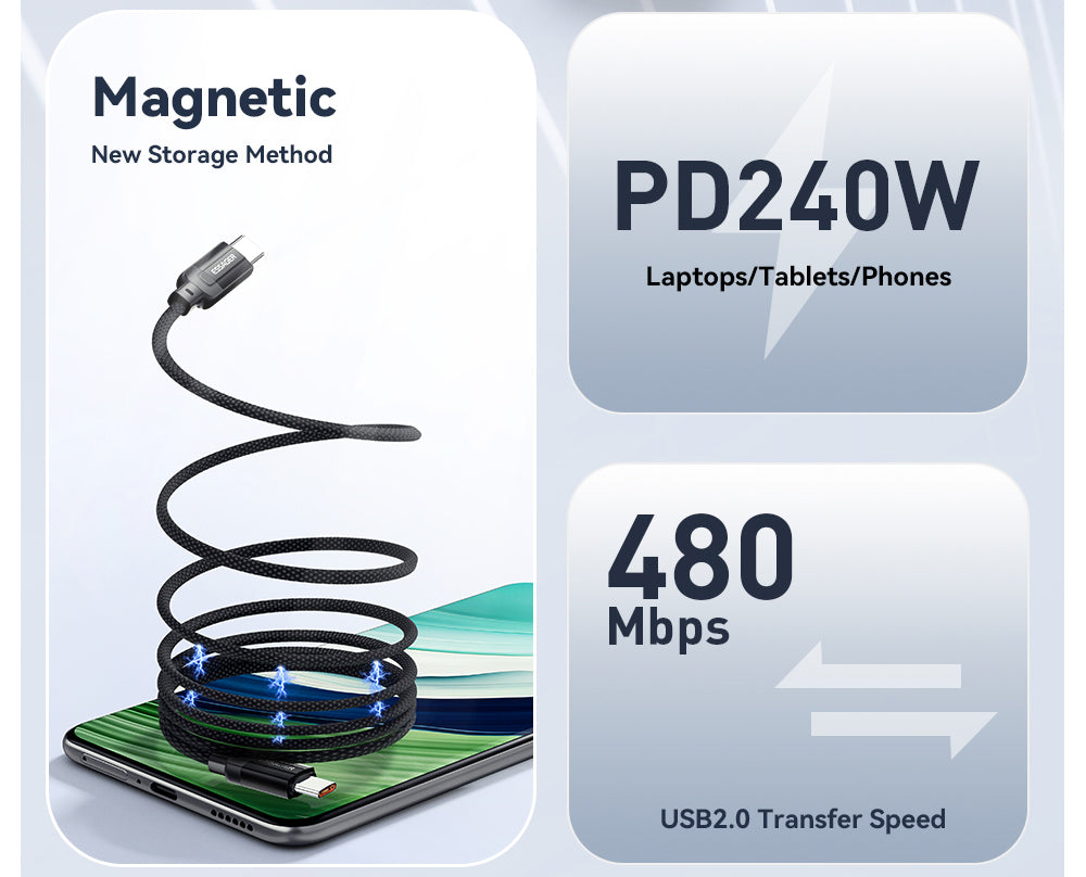 Nabíjací kábel ESSAGER 240W 5A Type-C na Type-C, USB 2.0 480 Mb/s, magnetické pripevnenie, flexibilné nastavenie, čip E-Marker, 1 m