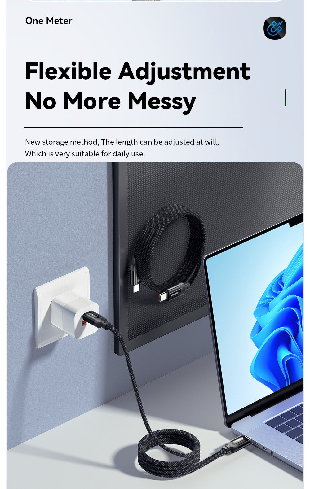 Nabíjací kábel ESSAGER 240W 5A Type-C na Type-C, USB 2.0 480 Mb/s, magnetické pripevnenie, flexibilné nastavenie, čip E-Marker, 1 m