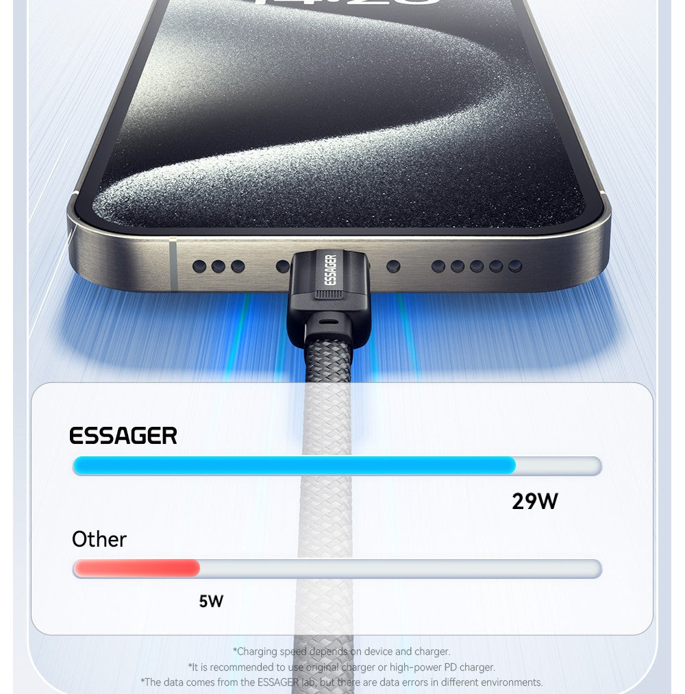 Nabíjací kábel ESSAGER 29W 3A Type-C na Lightning, USB 2.0 480 Mbps, magnetická adsorpcia, flexibilné nastavenie, inteligentný čip, 1 m