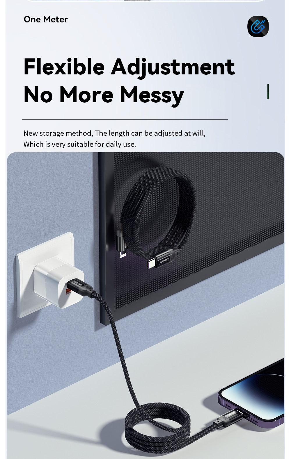 Nabíjací kábel ESSAGER 29W 3A Type-C na Lightning, USB 2.0 480 Mbps, magnetické pripevnenie, flexibilné nastavenie, inteligentný čip, 1 m