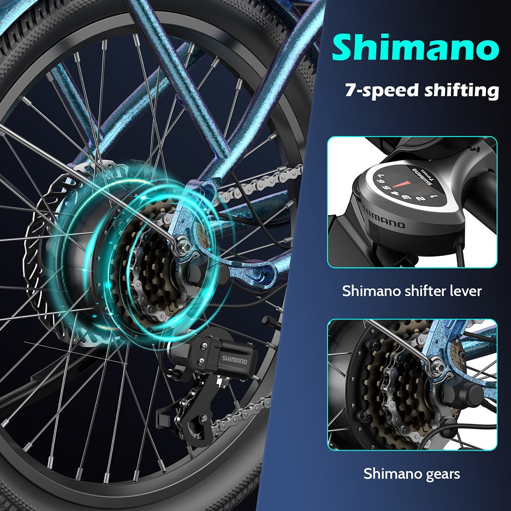 Elektrokolo Fafrees F20 Lasting, 250W motor, 36V 18.2Ah batéria, 20*1.95" pneumatiky, max. rýchlosť 25 km/h, max. dojazd 120 km, mechanické kotúčové brzdy, 7-stupňová prevodovka SHIMANO - tyrkysová