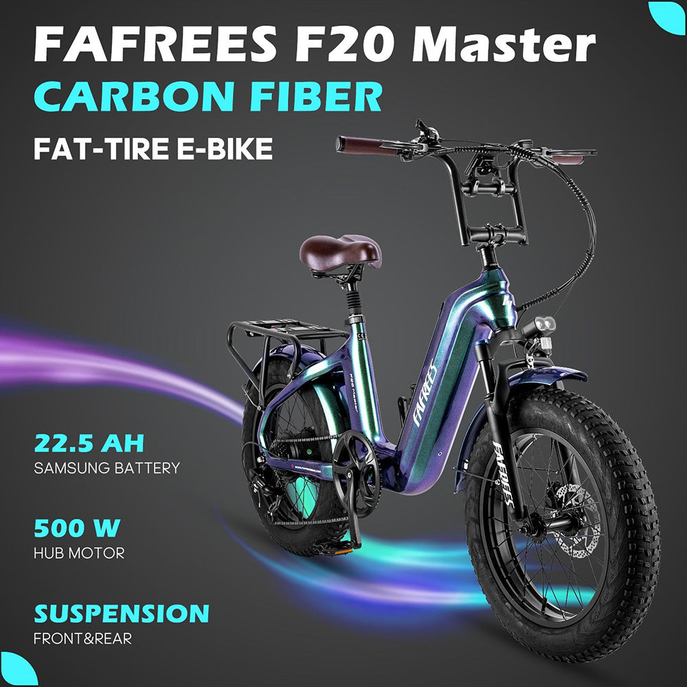 Elektrokolo Fafrees F20 Master, 20*4.0 palcové pneumatiky, 500W zadný pohon, maximálna rýchlosť 25 km/h, 48V 22.5Ah batéria Samsung, dojazd 140-160 km, hydraulické kotúčové brzdy, rám z uhlíkových vláken - šedá Aurora.