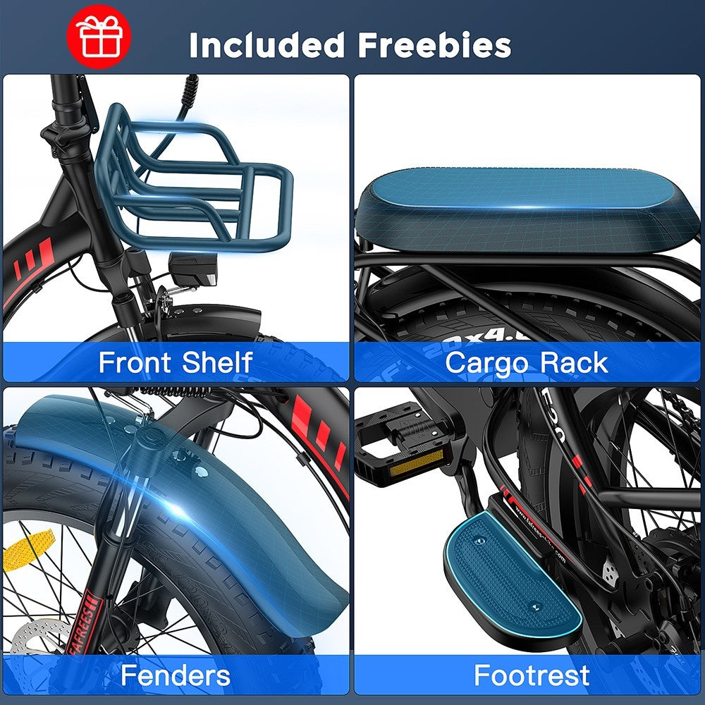 Elektrokolo F20 Max, 20*4.0 palcové široké pneumatiky, 500W bezuhlíkový motor, 25 km/h, odnímateľná 48V 22,5Ah lítio-iónová batéria, predné a zadné kotúčové brzdy, 7-stupňová prevodovka Shimano, nosnosť 150 kg, skladacie elektrokolo s podnožkami - červená