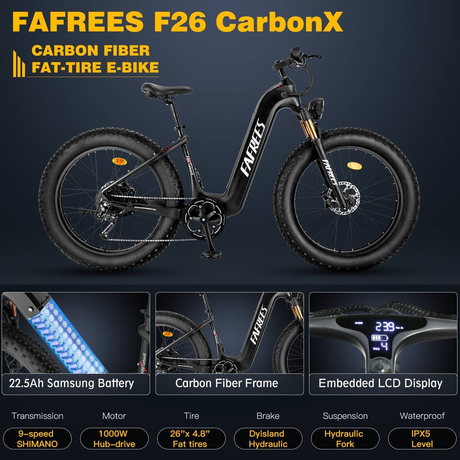 Elektrokolo FAFREES F26 Carbon X s 26*4,8 palcovými pneumatikami, 1000W zadným pohonom, maximálnou rýchlosťou 25 km/h, 48V 22,5Ah batériou a dojazdom 120-140 km.