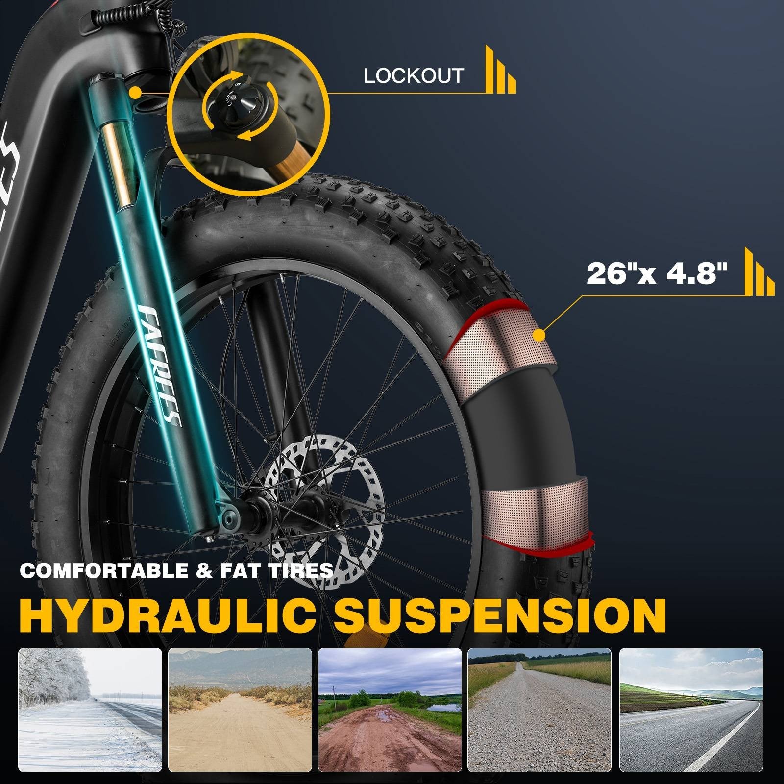 Elektrokolo FAFREES F26 Carbon X s 26*4,8 palcovými pneumatikami, 1000W zadným pohonom, maximálnou rýchlosťou 25 km/h, 48V 22,5Ah batériou a dojazdom 120-140 km.