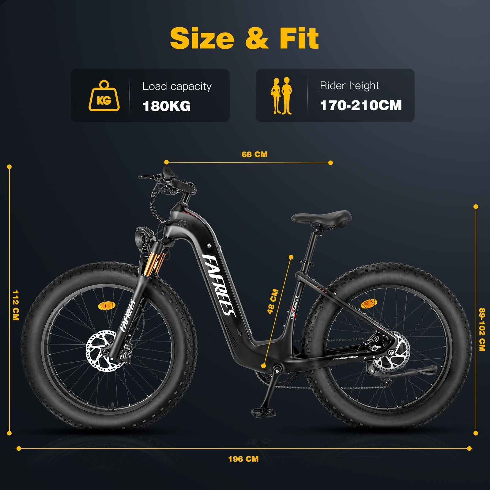 Elektrokolo FAFREES F26 Carbon X s 26*4,8 palcovými pneumatikami, 1000W zadným pohonom, maximálnou rýchlosťou 25 km/h, 48V 22,5Ah batériou a dojazdom 120-140 km.