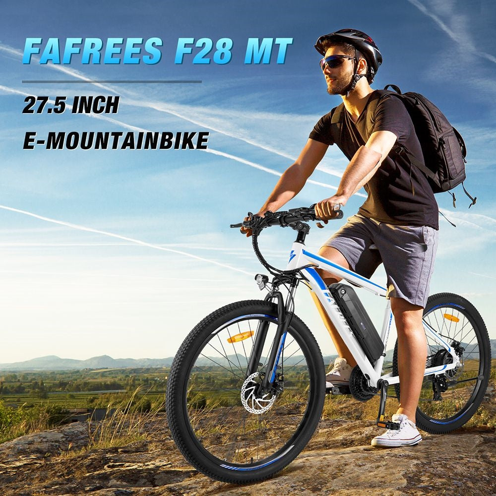 Elektrobicykel Fafrees F28 MT Mountain 27,5*2,25 palcový pneumatik, 250W motor, 36V 14,5Ah batéria, maximálna rýchlosť 25 km/h, maximálny dojazd 110 km, 21-stupňová prevodovka SHIMANO, mechanické kotúčové brzdy - modrá