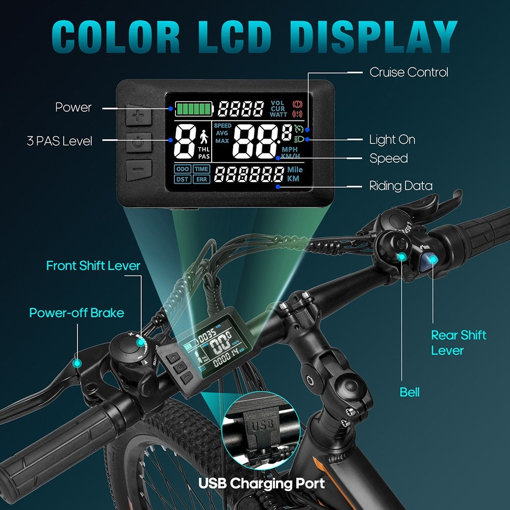 Elektrobicykel Fafrees F28 MT Mountain 27,5*2,25 palcový pneumatik, 250W motor, 36V 14,5Ah batéria, maximálna rýchlosť 25 km/h, maximálny dojazd 110 km, 21-stupňová prevodovka SHIMANO, mechanické kotúčové brzdy - modrá