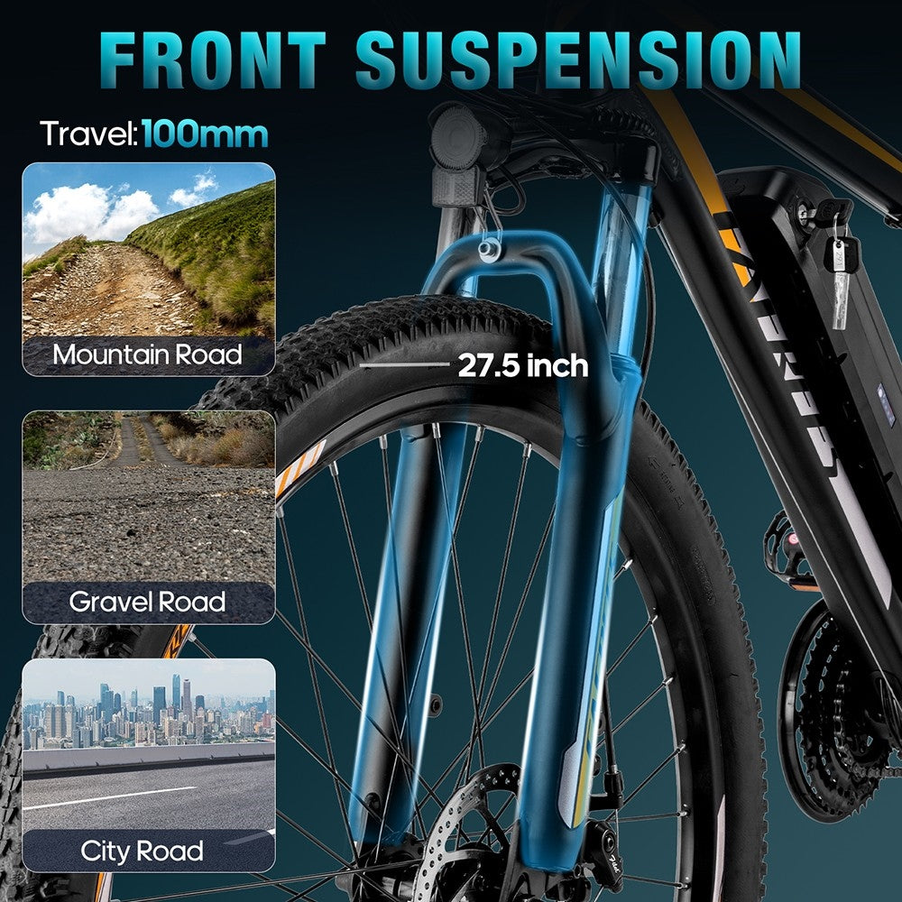 Elektrobicykel Fafrees F28 MT Mountain 27,5*2,25 palcový pneumatik, 250W motor, 36V 14,5Ah batéria, maximálna rýchlosť 25 km/h, maximálny dojazd 110 km, 21-stupňová prevodovka SHIMANO, mechanické kotúčové brzdy - modrá