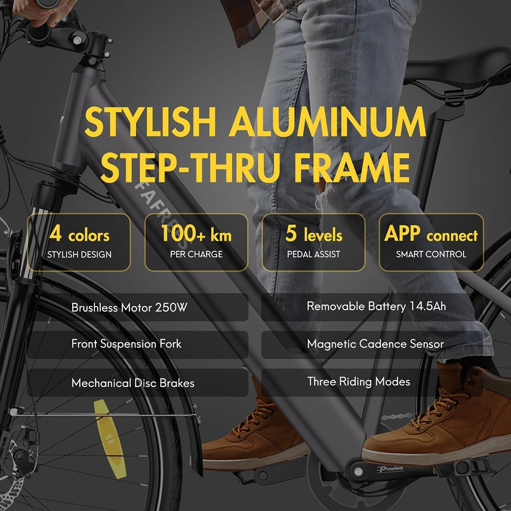 F28 Pro 27.5'' mestský elektrokolo s nízkým nástupem, 25 km/h, 250W motor, 36V 14.5Ah integrovaná odnímatelná batéria, 7-stupňová prevodovka Shimano - čierna