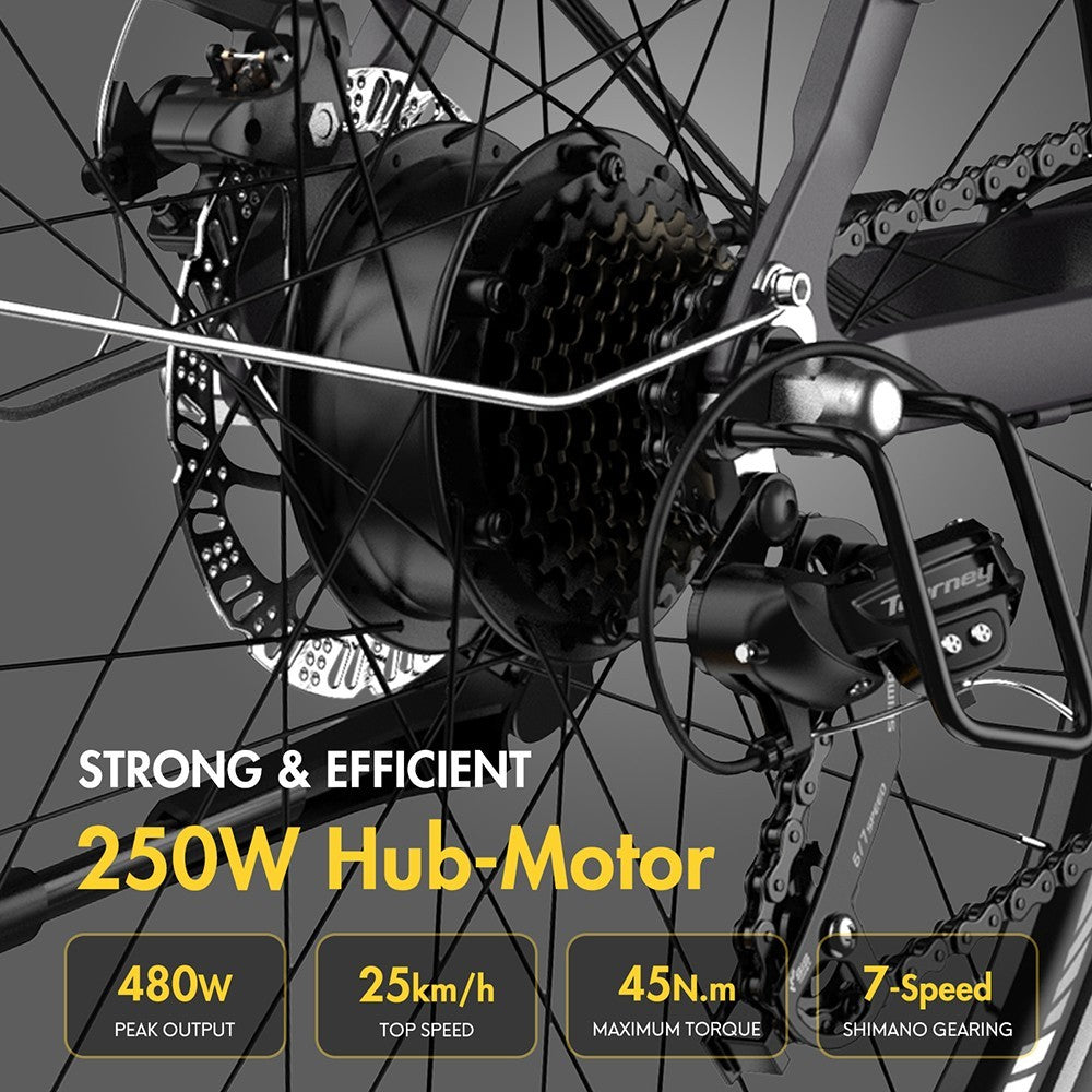 F28 Pro 27.5'' mestský elektrokolo s nízkým nástupem, 25 km/h, 250W motor, 36V 14.5Ah integrovaná/odnímatelná batéria, Shimano 7-stupňová převodovka - čierna