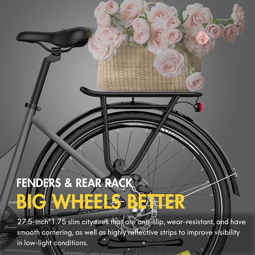 F28 Pro 27.5'' mestský elektrokolo s nízkým nástupem, 25 km/h, 250W motor, 36V 14.5Ah integrovaná/odnímatelná batéria, Shimano 7-stupňová převodovka - čierna