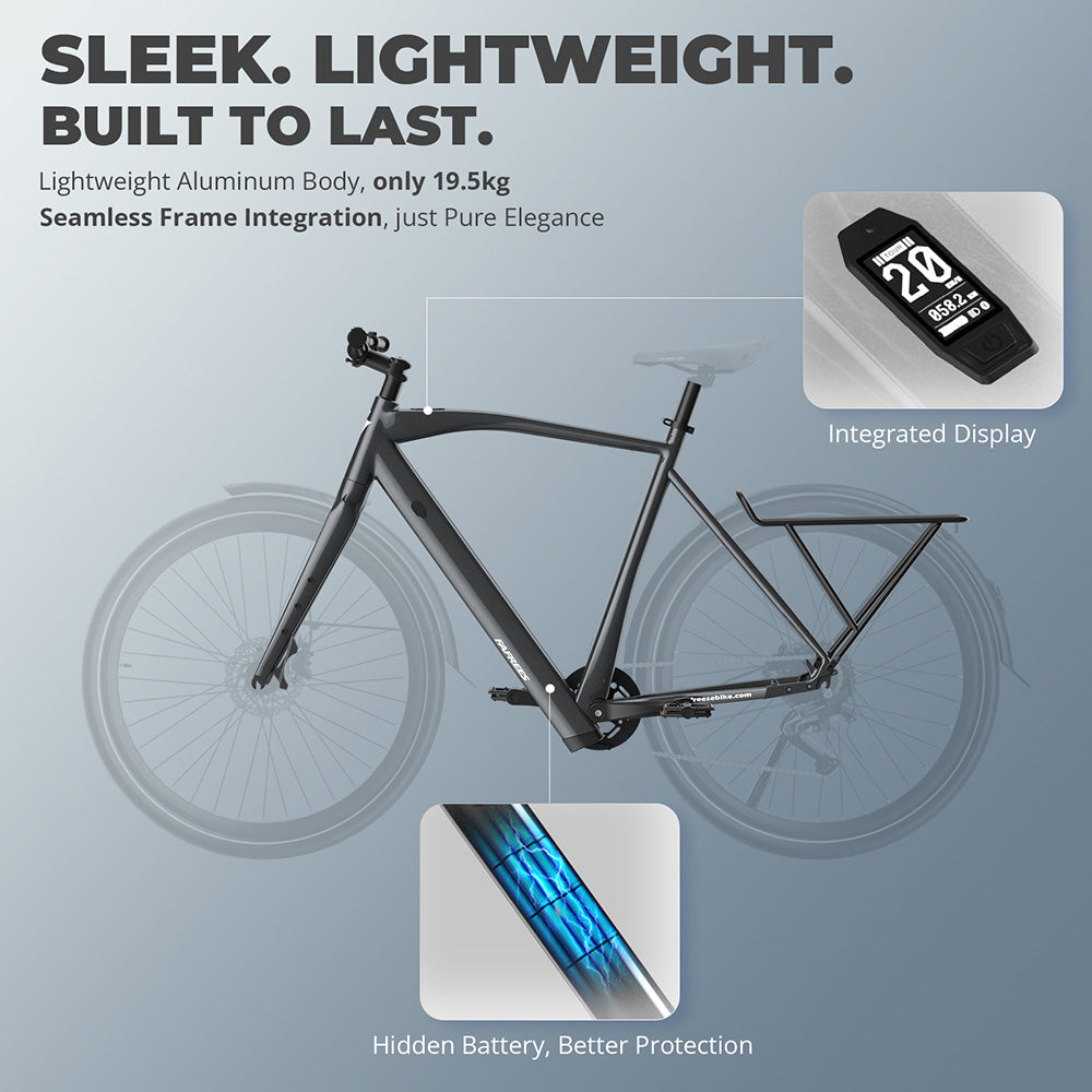 Elektrokol Fafrees F700M, 250W motor, 36V 10Ah batéria, pneumatiky 700*42C, max. rýchlosť 25 km/h, max. dojazd 100 km, hydraulické kotúčové brzdy, snímač točivého momentu, 9-stupňová prevodovka SHIMANO CUES - čierna