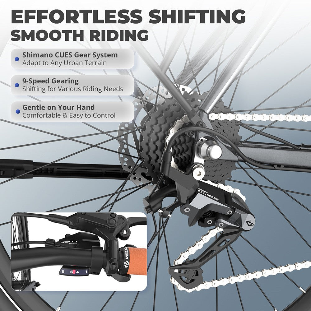 Elektrokol Fafrees F700M, 250W motor, 36V 10Ah batéria, pneumatiky 700*42C, max. rýchlosť 25 km/h, max. dojazd 100 km, hydraulické kotúčové brzdy, snímač krútiaceho momentu, 9-stupňová prevodovka SHIMANO CUES - čierna