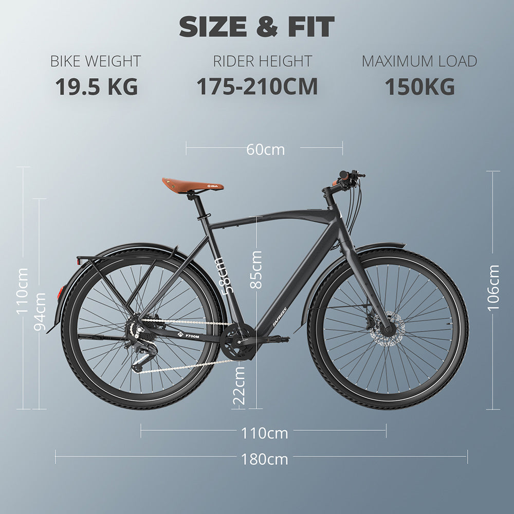Elektrokol Fafrees F700M, 250W motor, 36V 10Ah batéria, pneumatiky 700*42C, max. rýchlosť 25 km/h, max. dojazd 100 km, hydraulické kotúčové brzdy, snímač točivého momentu, 9-stupňová prevodovka SHIMANO CUES - čierna