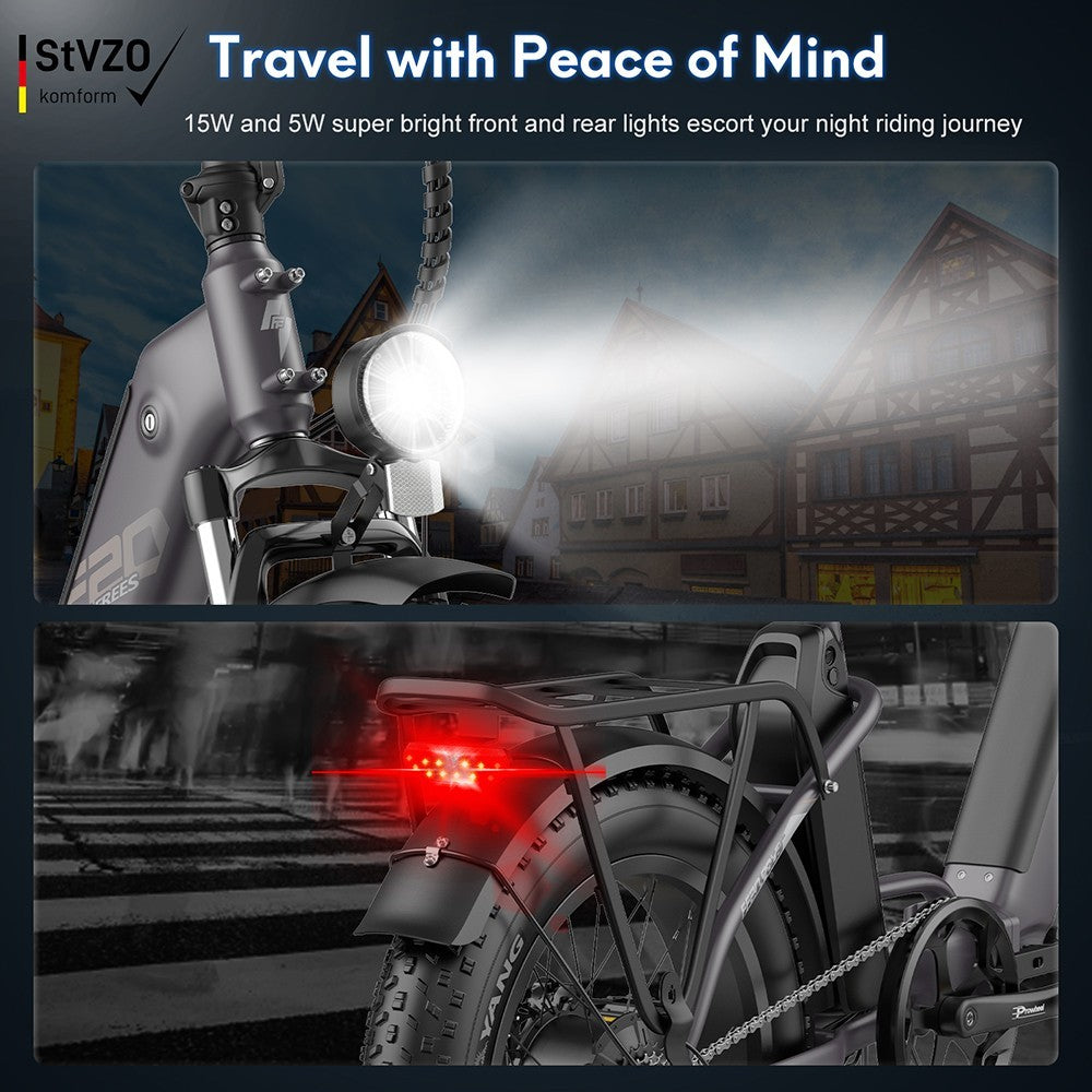 Elektrokol FF20 Polar, 48V 500W motor, max. rýchlosť 40 km/h, dvojitá 10,4 Ah batéria na dojazd 150 km, 20*4,0 palcové široké pneumatiky CHAOYANG, dvojité kotúčové brzdy, 7-stupňová prevodovka Shimano, farebný LCD displej - modrá