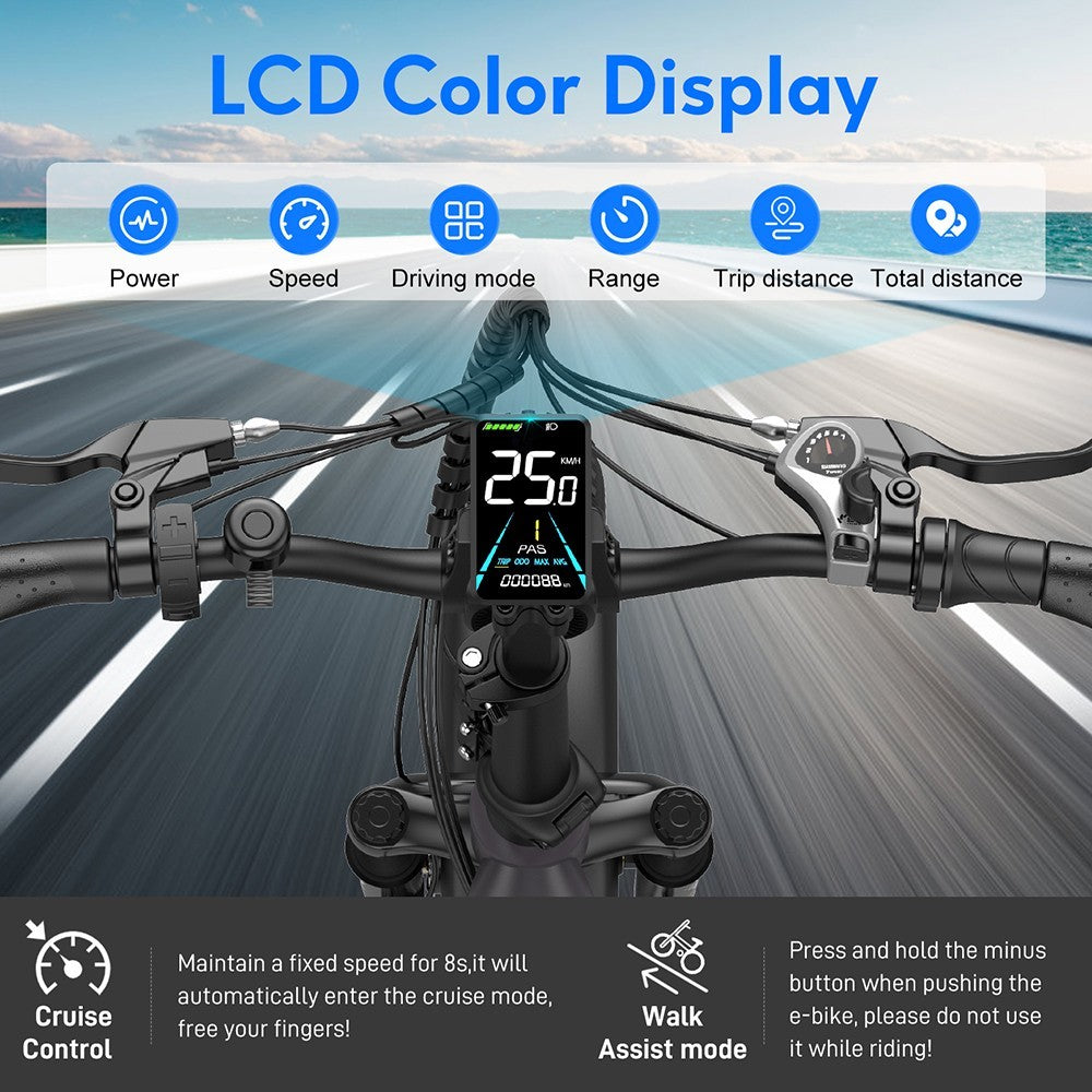 Elektrokol FF20 Polar, 48V 500W motor, max. rýchlosť 40 km/h, dvojitá 10,4 Ah batéria na dojazd 150 km, 20*4,0 palcové široké pneumatiky CHAOYANG, dvojité kotúčové brzdy, 7-stupňová prevodovka Shimano, farebný LCD displej - modrá