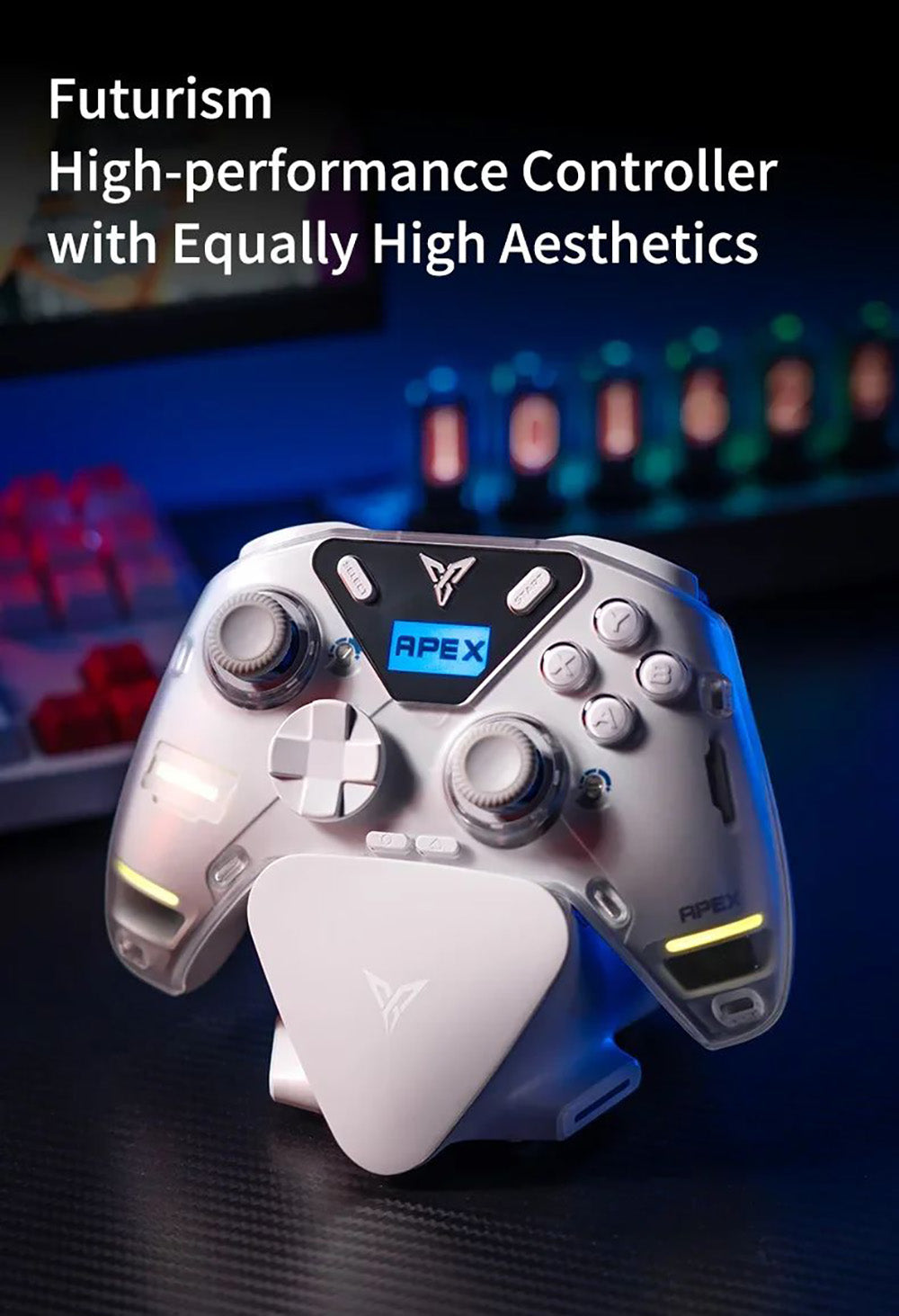 Herný ovládač Flydigi APEX 4, spúšť s haptickou spätnou väzbou, na silu nastaviteľná kovová páka, frekvencia skenovania 1000 Hz, LCD displej, kompatibilný s PC, NS, TV, Android a notebookom.