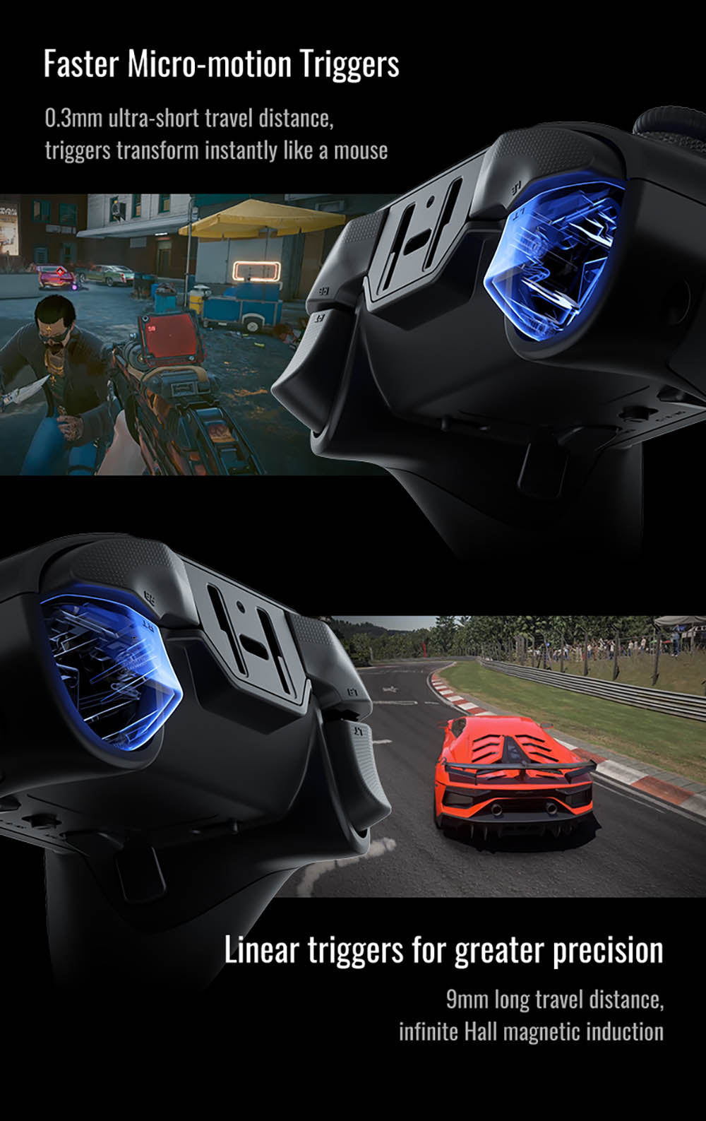 Herný ovládač Flydigi Vader 4 Pro, páková páka s nastavením odporu, spúšte Hall & Micro 2 v 1, frekvencia načítania 1000 Hz, kompatibilný s PC, NS, TV, Android a notebookom.