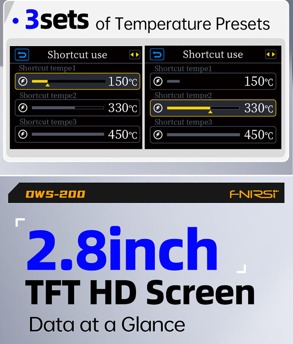 FNIRSI DWS-200 F245 Premium 200W sada pájecích staníc s 6 hrotmi a 2 pomocnými rukami, režim hodnoty a krivky teploty, 3 pamäťové miesta pre teplotu, plnefarebný displej