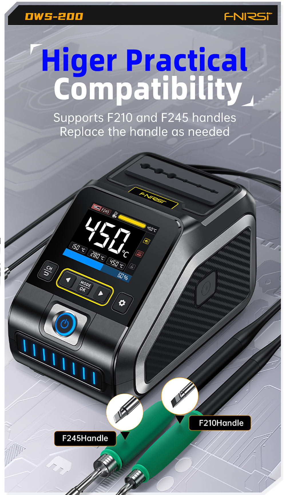 FNIRSI DWS-200 F245 Premium 200W sada pájecích staníc s 6 pájecími hrotmi a 2 pomocnými rukami, režimom hodnoty a krivky teploty, 3 pamäťovými poziciami teploty, plnefarebným displejom.