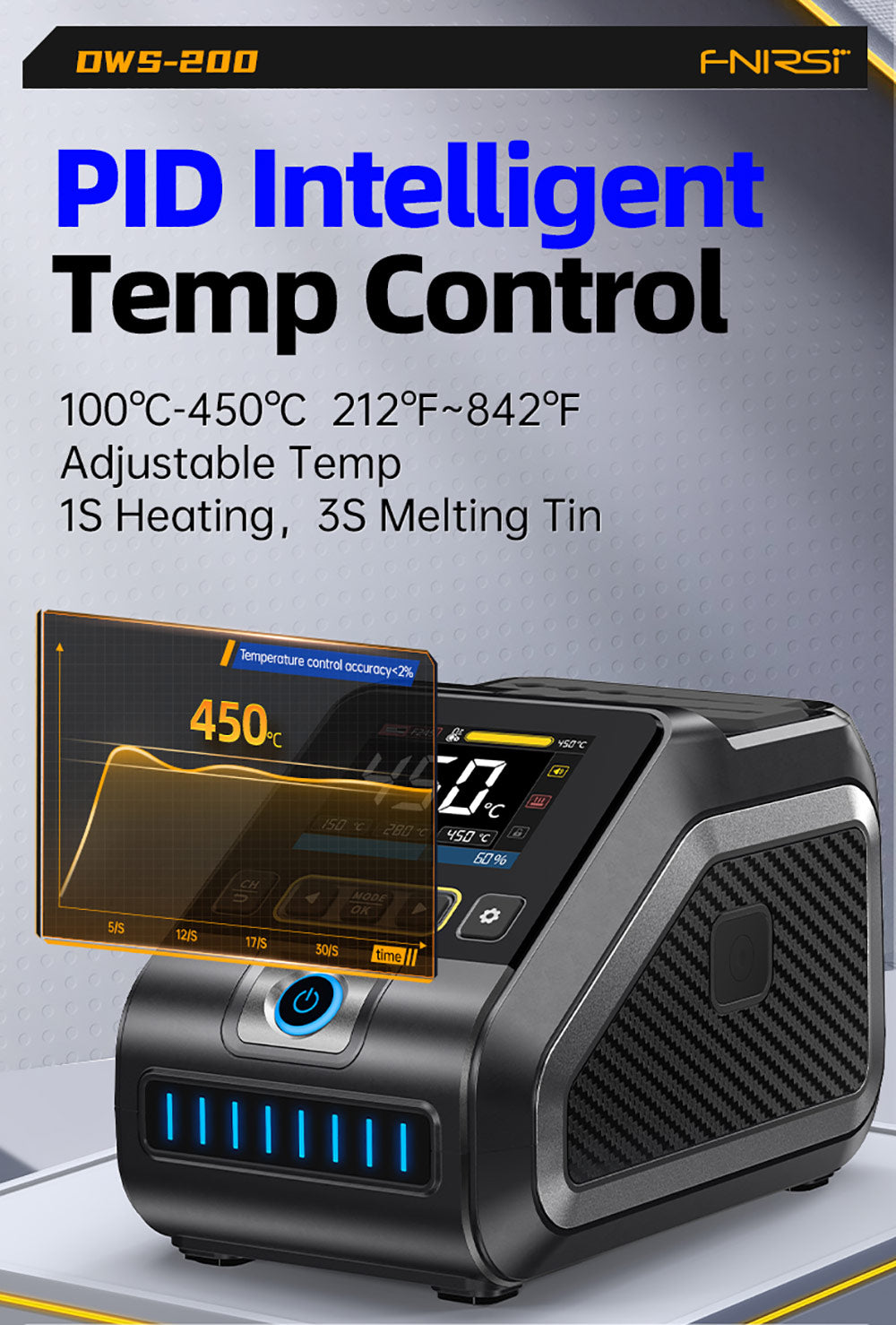 Sada digitálnej spájkovačky FNIRSI DWS-200 F245 Standard 200W s 1 spájkovačkou a 2 pomocnými rukami, režimom hodnoty a priebehu teploty, 3 pamäťovými poziciami teploty, plnefarebným displejom.