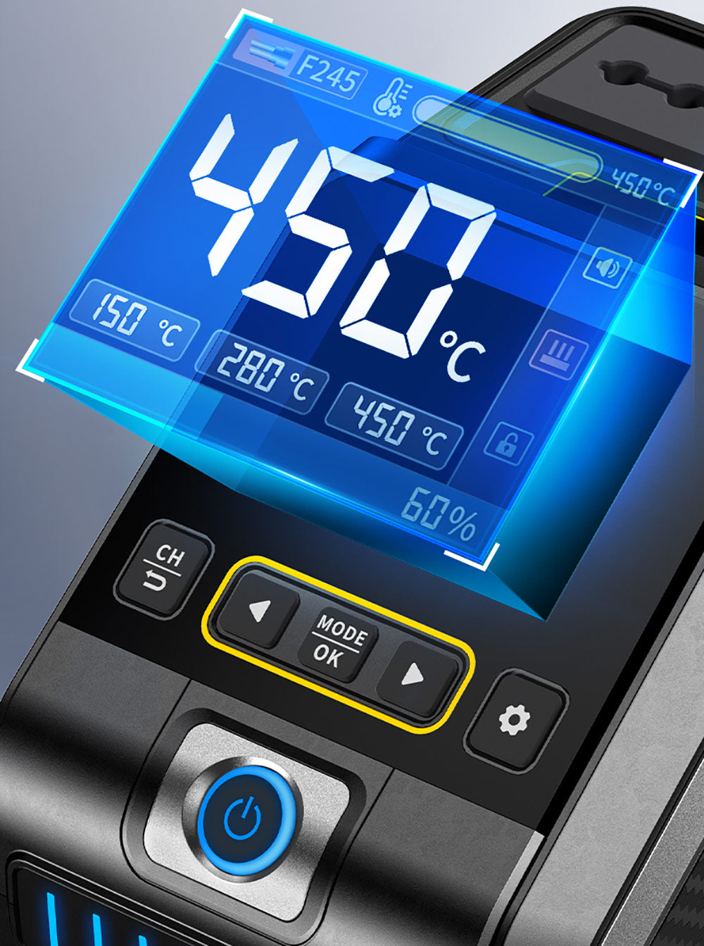 Sada digitálnej spájkovačky FNIRSI DWS-200 F245 Standard 200W s 1 spájkovačkou a 2 pomocnými rukami, režimom hodnoty a priebehu teploty, 3 pamäťovými poziciami teploty, plnefarebným displejom.