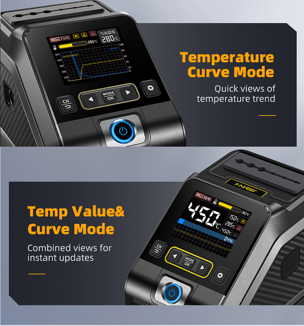 Sada digitálnej spájkovačky FNIRSI DWS-200 F245 Standard 200W s 1 spájkovačkou a 2 pomocnými rukami, režimom hodnoty a priebehu teploty, 3 pamäťovými poziciami teploty, plnefarebným displejom.