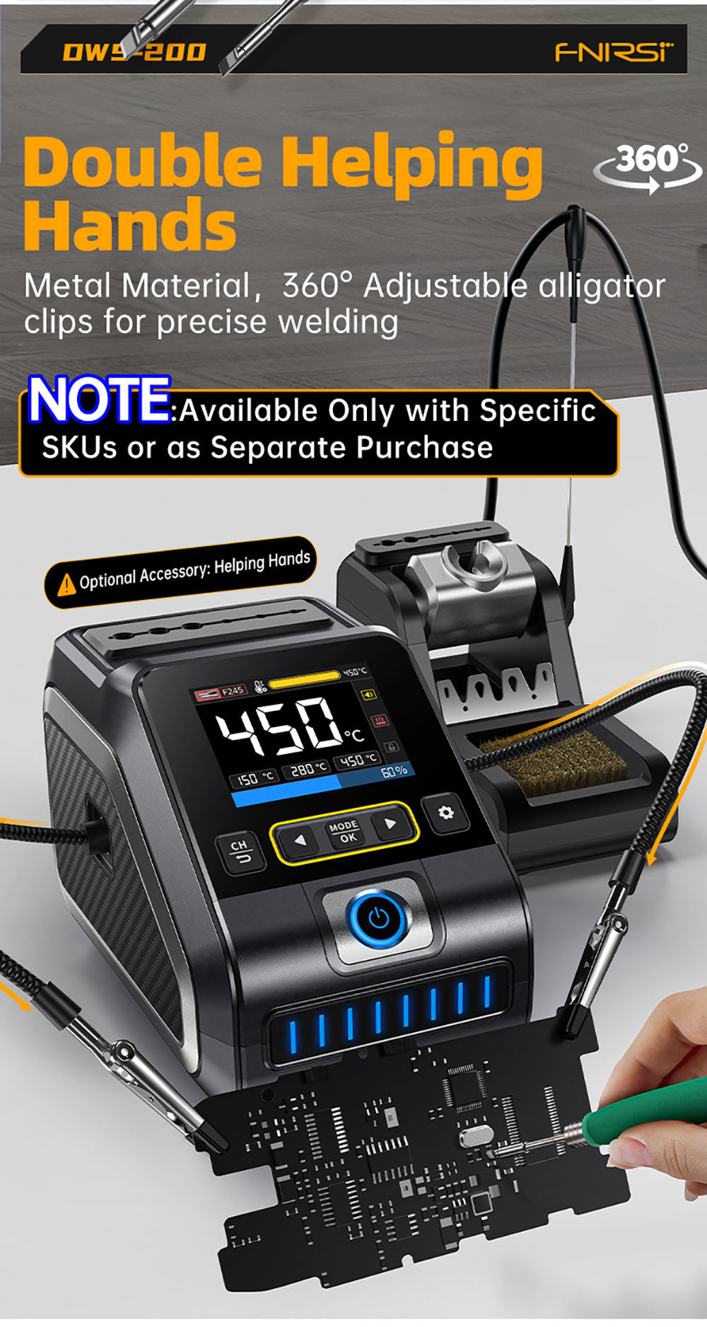 Sada digitálnej spájkovačky FNIRSI DWS-200 F245 Standard 200W s 1 spájkovačkou a 2 pomocnými rukami, režimom hodnoty a priebehu teploty, 3 pamäťovými poziciami teploty, plnefarebným displejom.