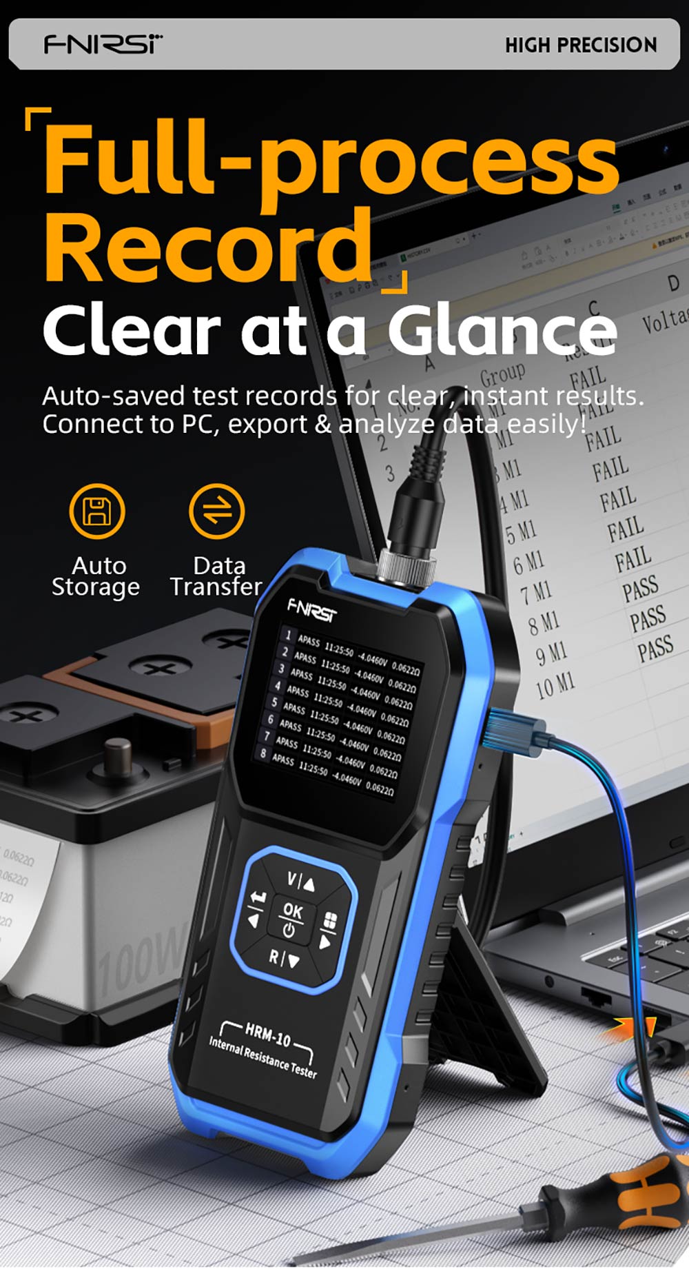 Tester napětí a vnitřního odporu baterie FNIRSI HRM-10