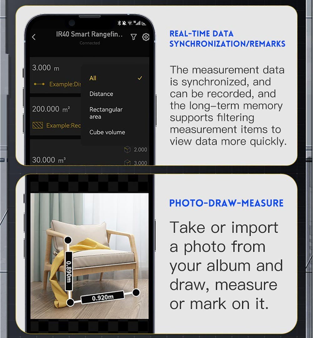 FNIRSI IR40 Inteligentný laserový diaľkomer, digitálny merač vzdialenosti, merací rozsah 40 m, 360° gravitačný senzor, pripojenie cez aplikáciu, batéria 400 mAh – šedá