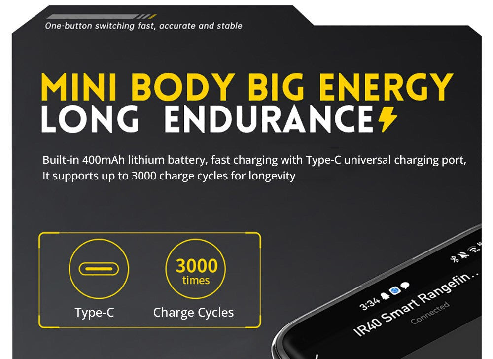 FNIRSI IR40 Inteligentný laserový diaľkomer, digitálny merač vzdialenosti, dosah merania 40 m, 360° gravitačný senzor, pripojenie cez aplikáciu, batéria 400 mAh – šedá