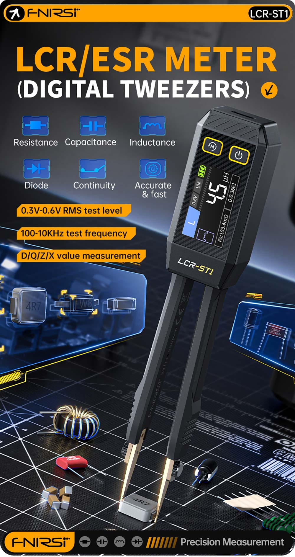 FNIRSI LCR-ST1 Mini inteligentný LCR meter/ESR meter s čipkami, s frekvenciami 100 Hz, 1 kHz, 10 kHz