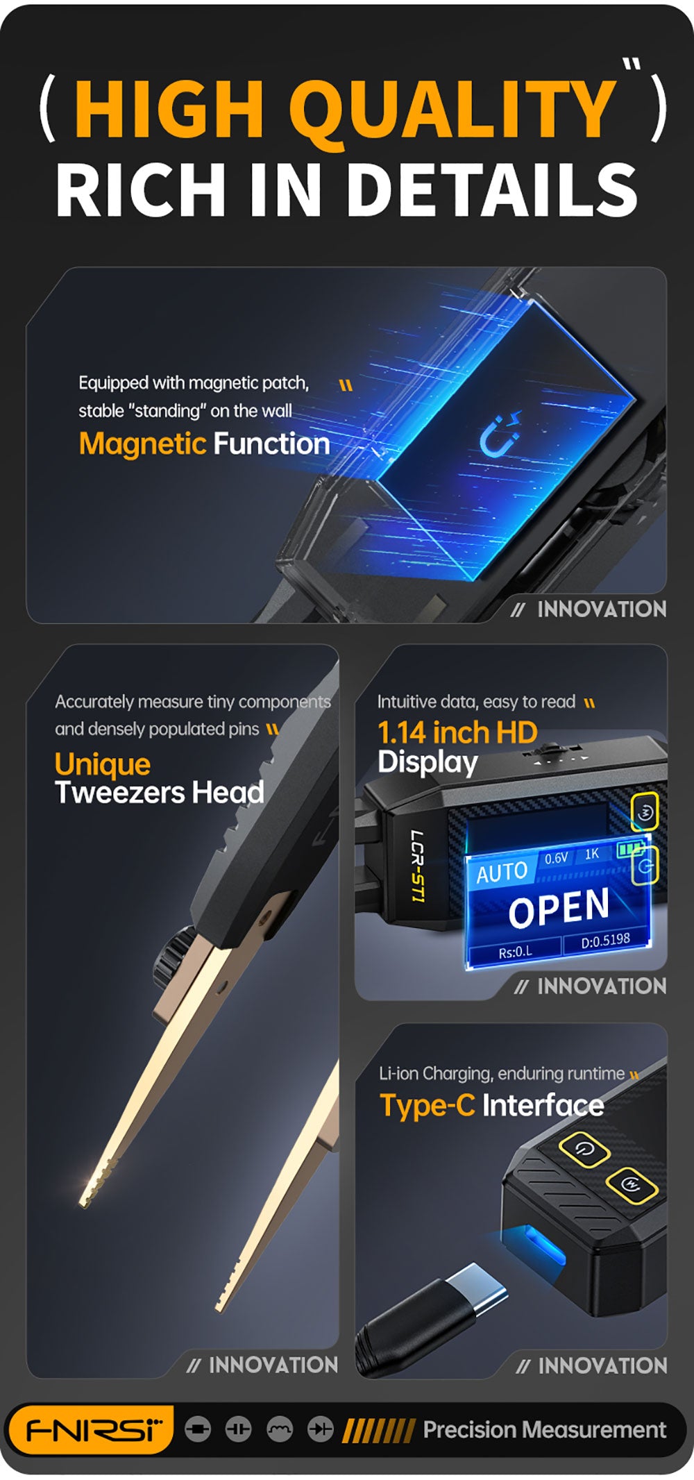 FNIRSI LCR-ST1 Mini inteligentný LCR meter/ESR meter s čipkami, s frekvenciami 100 Hz, 1 kHz, 10 kHz