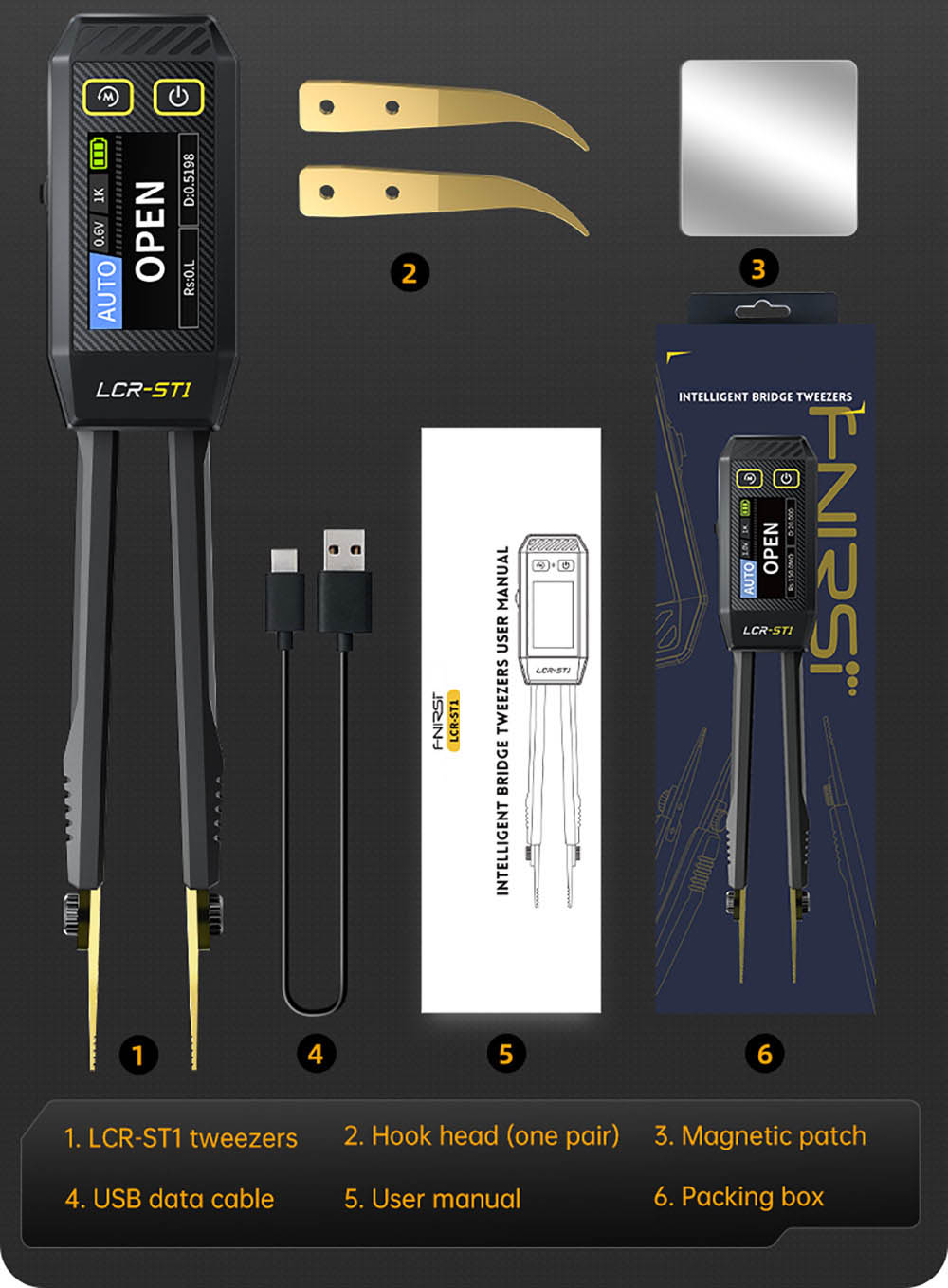 FNIRSI LCR-ST1 Mini inteligentný LCR meter/ESR meter s čipkami, s frekvenciami 100 Hz, 1 kHz, 10 kHz