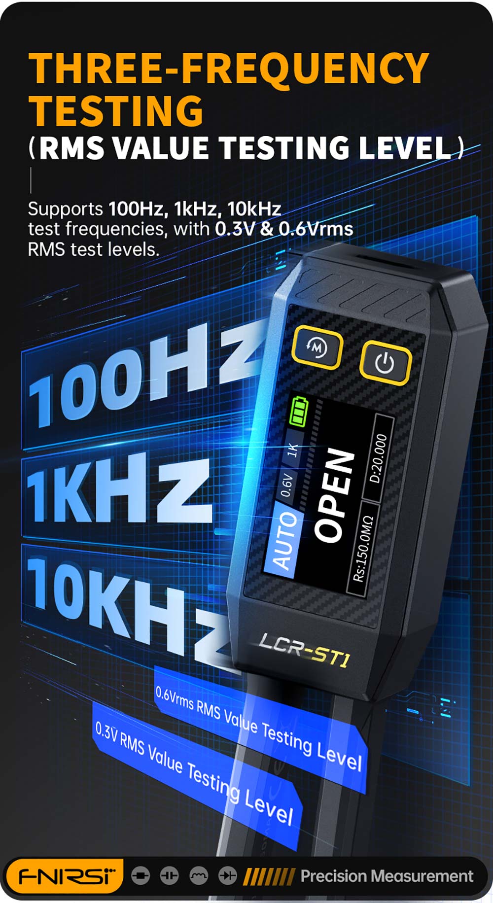 FNIRSI LCR-ST1 Mini inteligentný LCR meter/ESR meter s čipkami, s frekvenciami 100 Hz, 1 kHz, 10 kHz