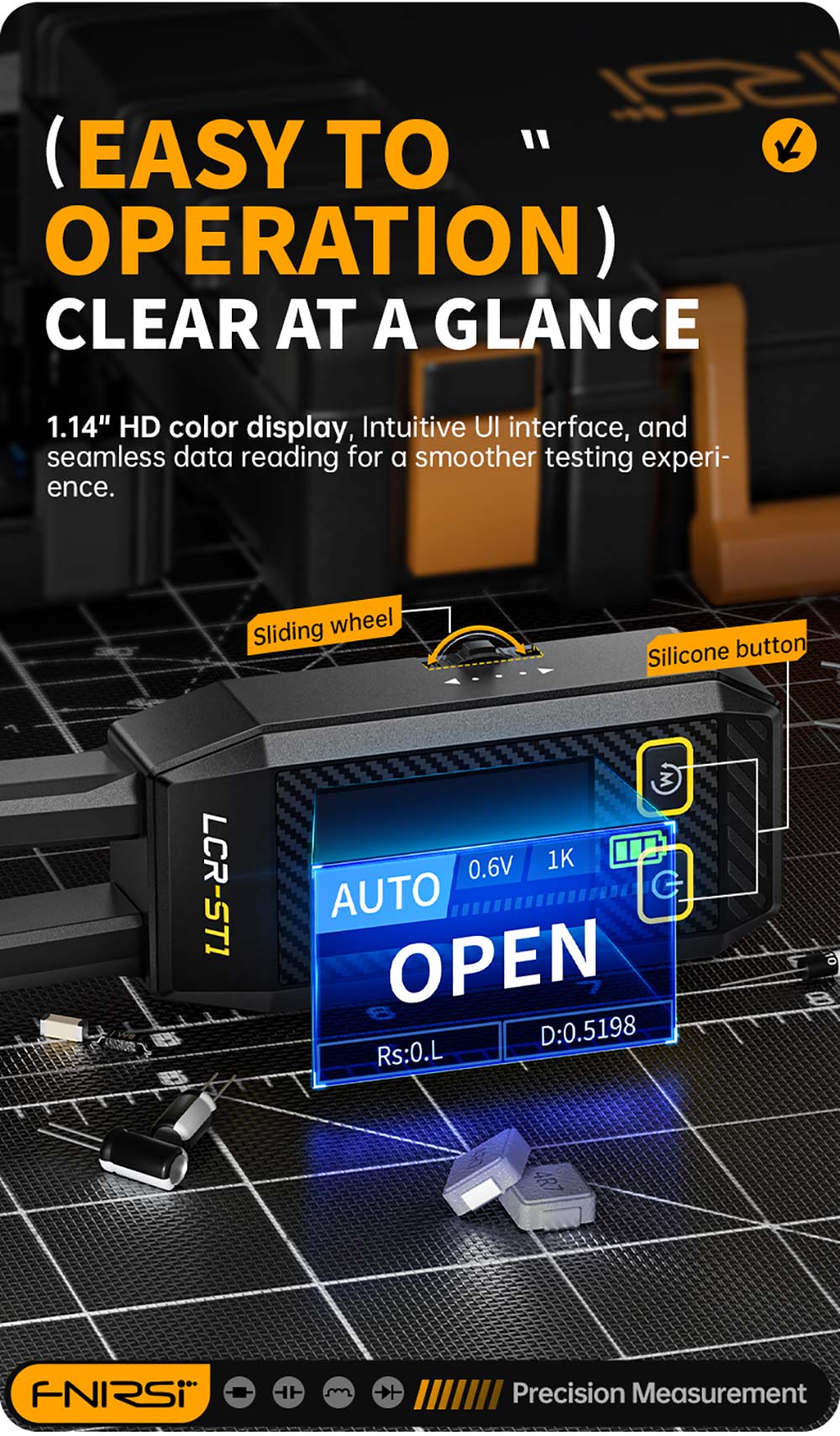 FNIRSI LCR-ST1 Mini inteligentný LCR meter/ESR meter s čipkami, s frekvenciami 100 Hz, 1 kHz, 10 kHz