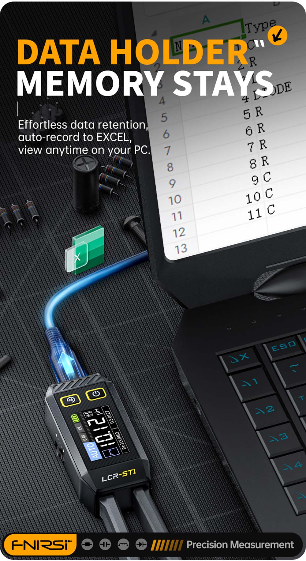 FNIRSI LCR-ST1 Mini inteligentný LCR meter/ESR meter s čipkami, s frekvenciami 100 Hz, 1 kHz, 10 kHz