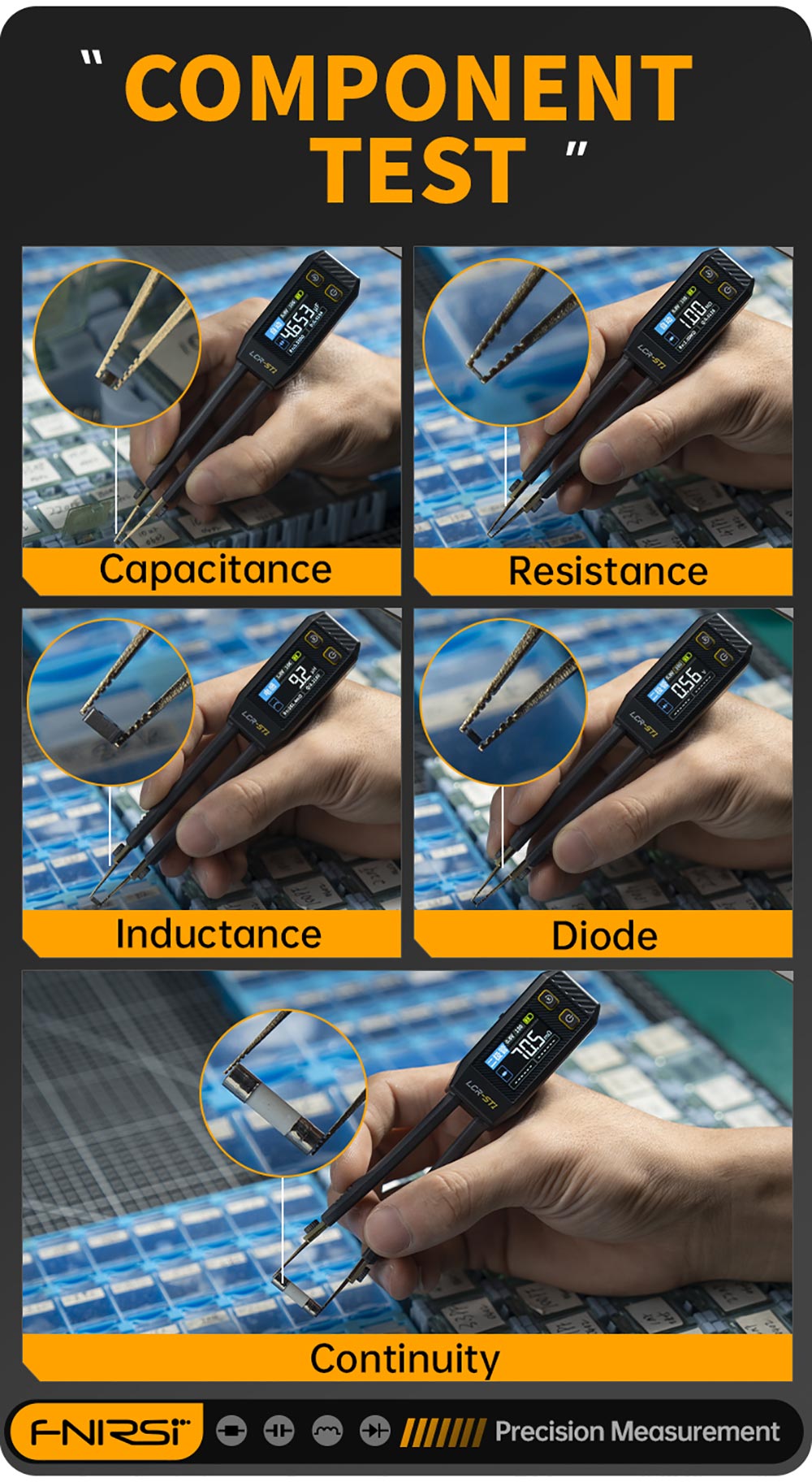 FNIRSI LCR-ST1 Mini inteligentný LCR meter/ESR meter s čipkami, s frekvenciami 100 Hz, 1 kHz, 10 kHz