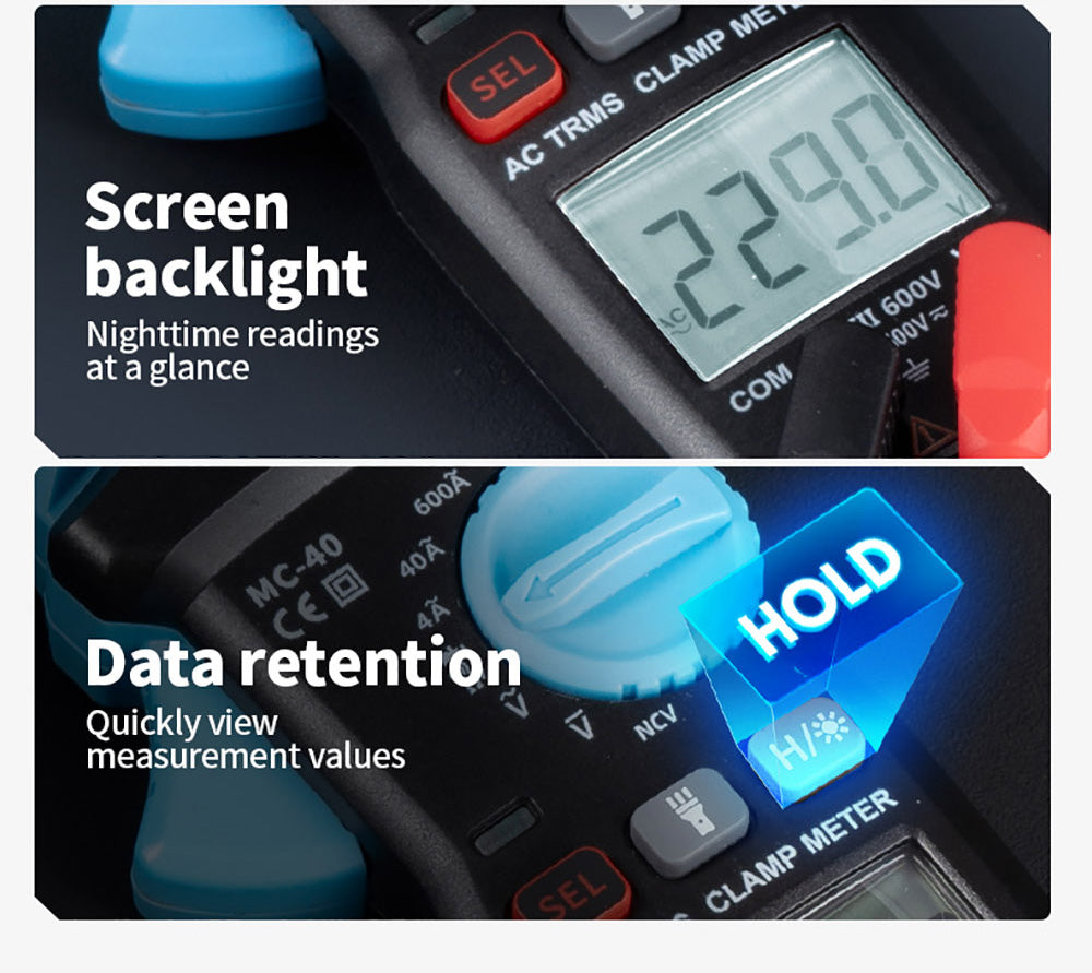 Digitálny ampérmeter FNIRSI MC40, 6000 meracích jednotiek True RMS, automatický rozsah, meranie prúdu do 600 A