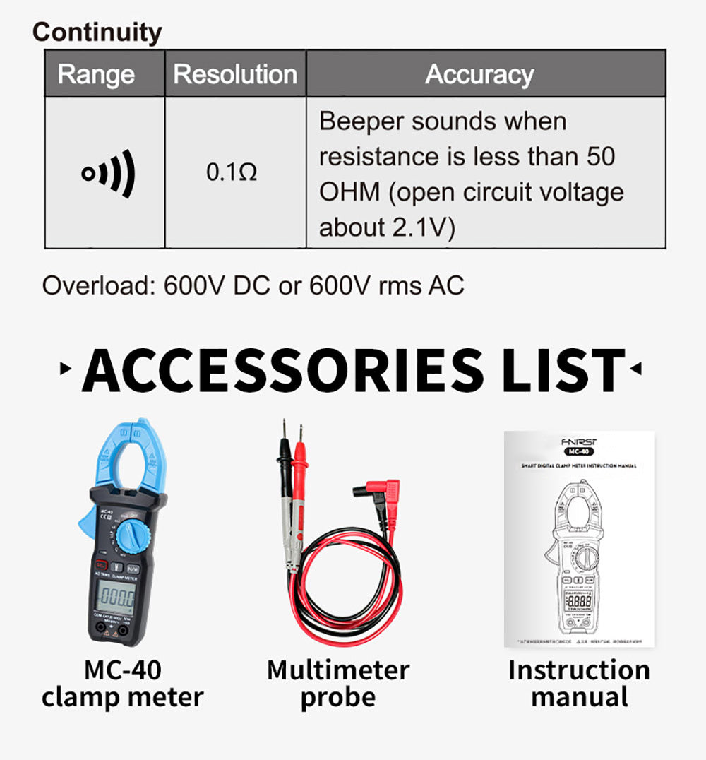 Digitálny ampérmeter FNIRSI MC40, 6000 meracích jednotiek True RMS, automatický rozsah, meranie prúdu do 600 A
