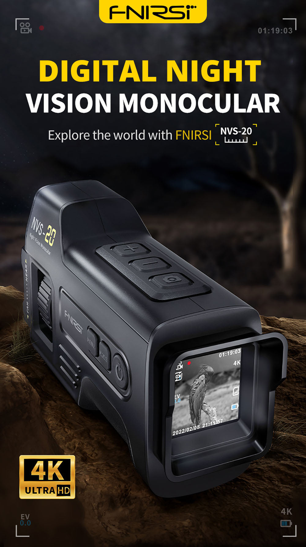 FNIRSI NVS-20 4K digitálny nočný monokulár, 1,54" IPS displej, 6x digitálny zoom, 850nm infračervené svetlo, 7-stupňové nastaviteľné IR - čierna