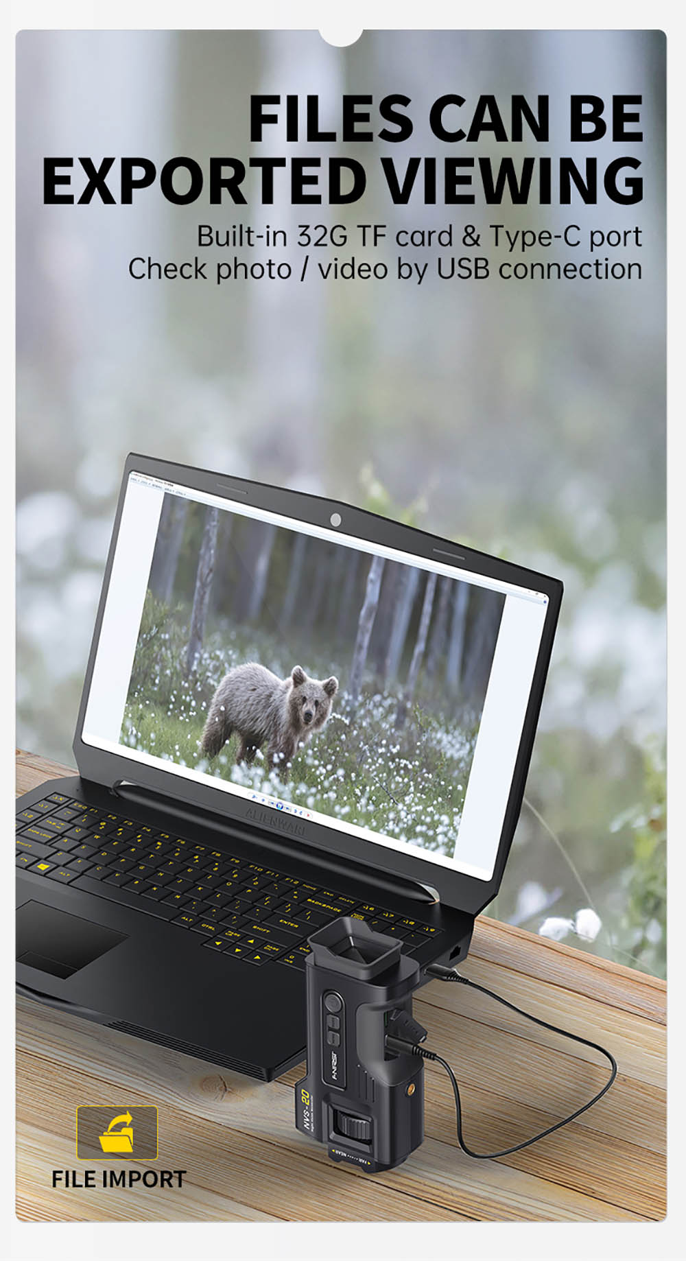 FNIRSI NVS-20 4K digitálny nočný monokulár, 1,54" IPS displej, 6x digitálny zoom, 850nm infračervené svetlo, 7-stupňové nastaviteľné IR - čierna