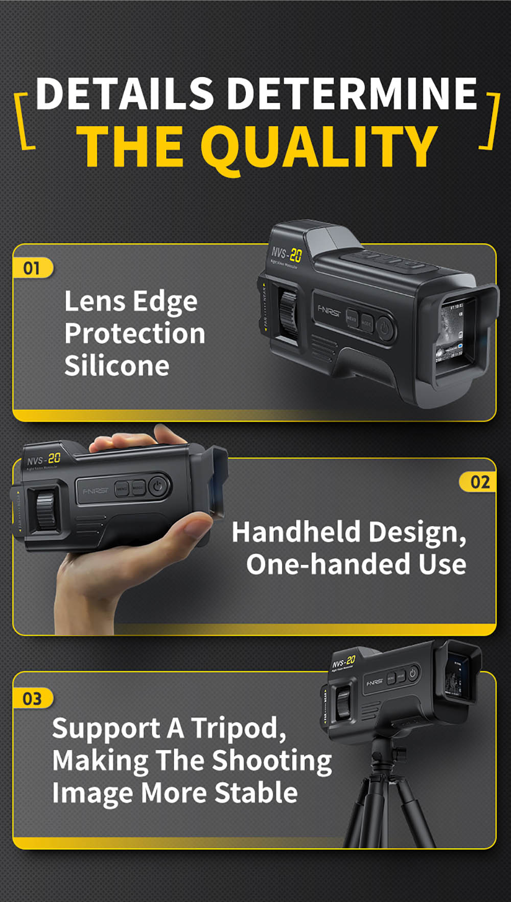 FNIRSI NVS-20 4K digitálny nočný monokulár, 1,54" IPS displej, 6x digitálny zoom, 850nm infračervené svetlo, 7-stupňové nastaviteľné IR - čierna