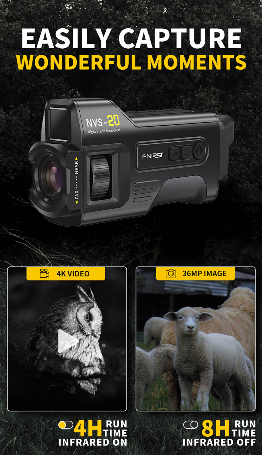 FNIRSI NVS-20 4K digitálny nočný monokulár, 1,54" IPS displej, 6x digitálny zoom, 850nm infračervené svetlo, 7-stupňové nastaviteľné IR - čierna