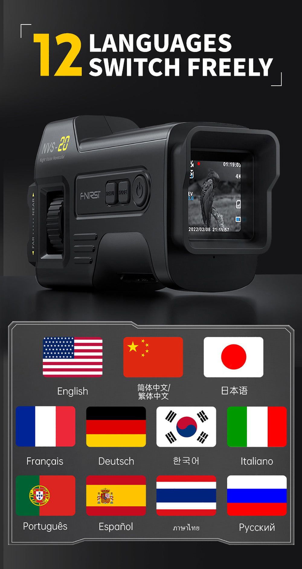 FNIRSI NVS-20 4K digitálny nočný monokulár, 1,54" IPS displej, 6x digitálny zoom, 850nm infračervené svetlo, 7-stupňové nastaviteľné IR - čierna