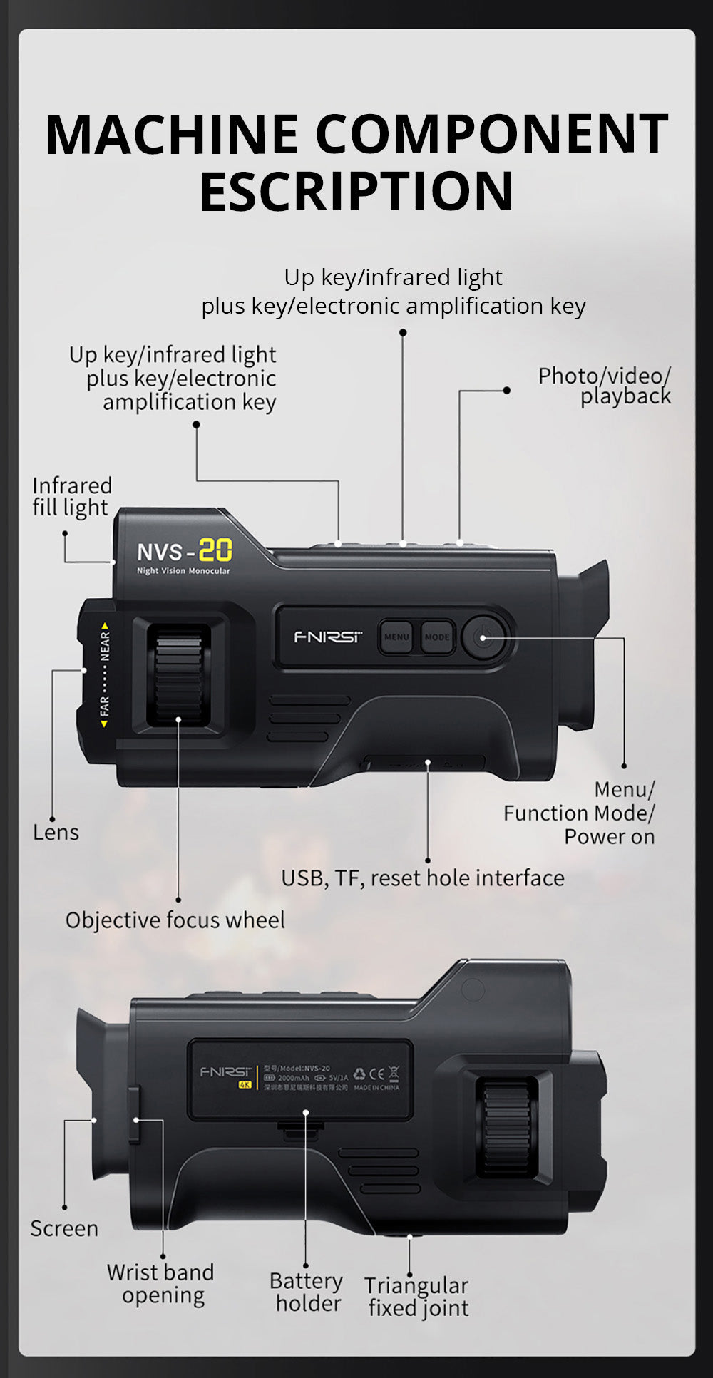 FNIRSI NVS-20 4K digitálny nočný monokulár, 1,54" IPS displej, 6x digitálny zoom, 850nm infračervené svetlo, 7-stupňové nastaviteľné IR - čierna