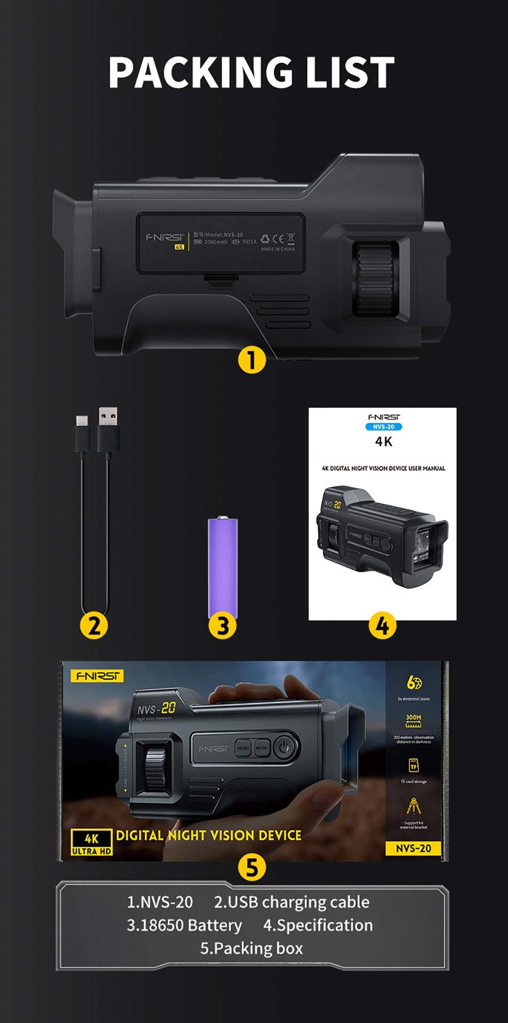 FNIRSI NVS-20 4K digitálny nočný monokulár, 1,54" IPS displej, 6x digitálny zoom, 850nm infračervené svetlo, 7-stupňové nastaviteľné IR - čierna