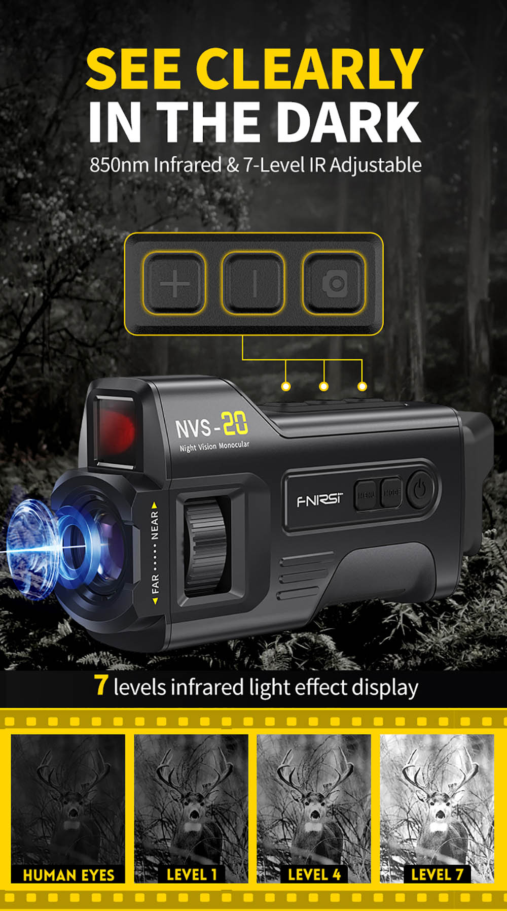 FNIRSI NVS-20 4K digitálny nočný monokulár, 1,54" IPS displej, 6x digitálny zoom, 850nm infračervené svetlo, 7-stupňové nastaviteľné IR - čierna