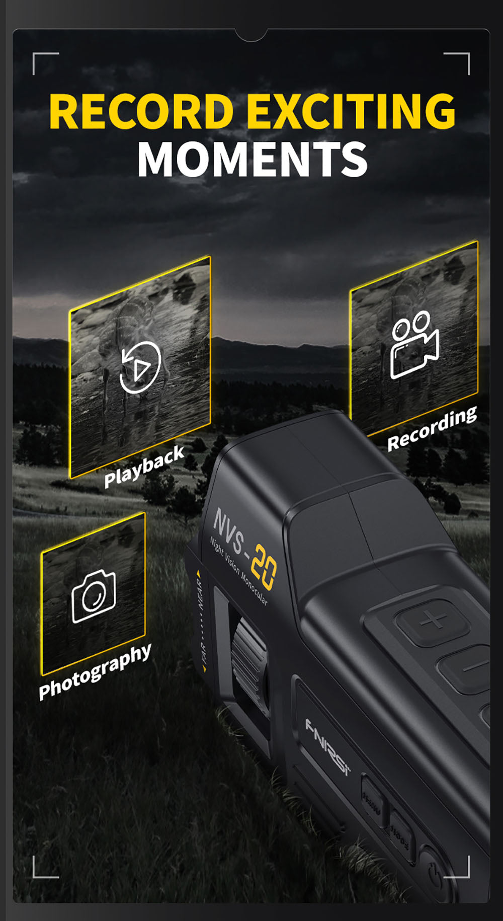 FNIRSI NVS-20 4K digitálny nočný monokulár, 1,54" IPS displej, 6x digitálny zoom, 850nm infračervené svetlo, 7-stupňové nastaviteľné IR - čierna